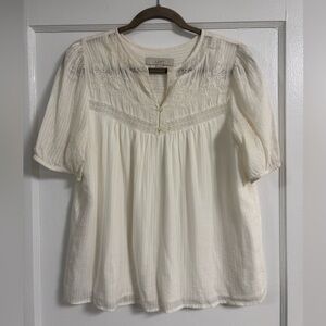 LOFT embroidered puffed sleeve blouse top cream ivory size small